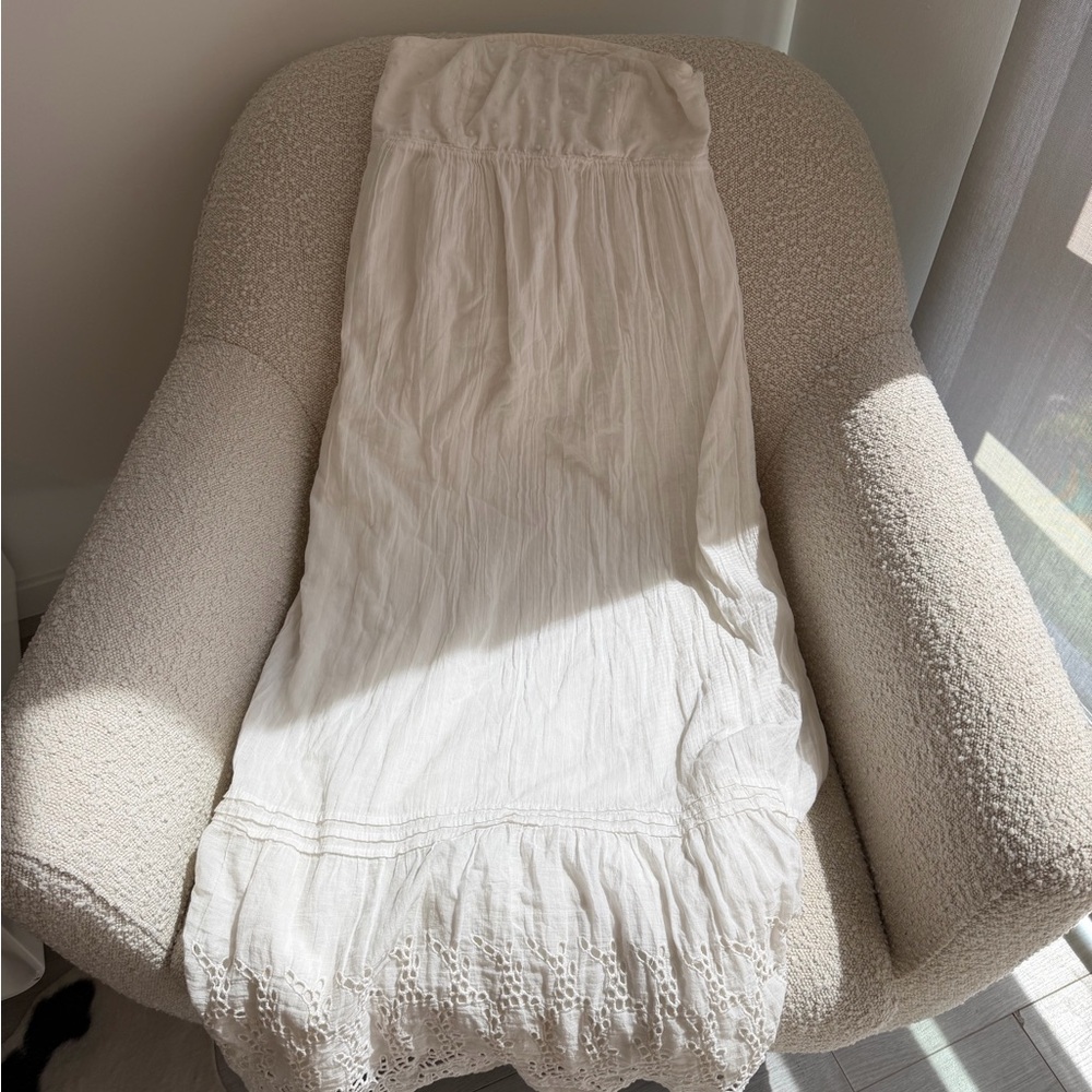 Cotton White Strapless Maxi Dress with Lace Hem